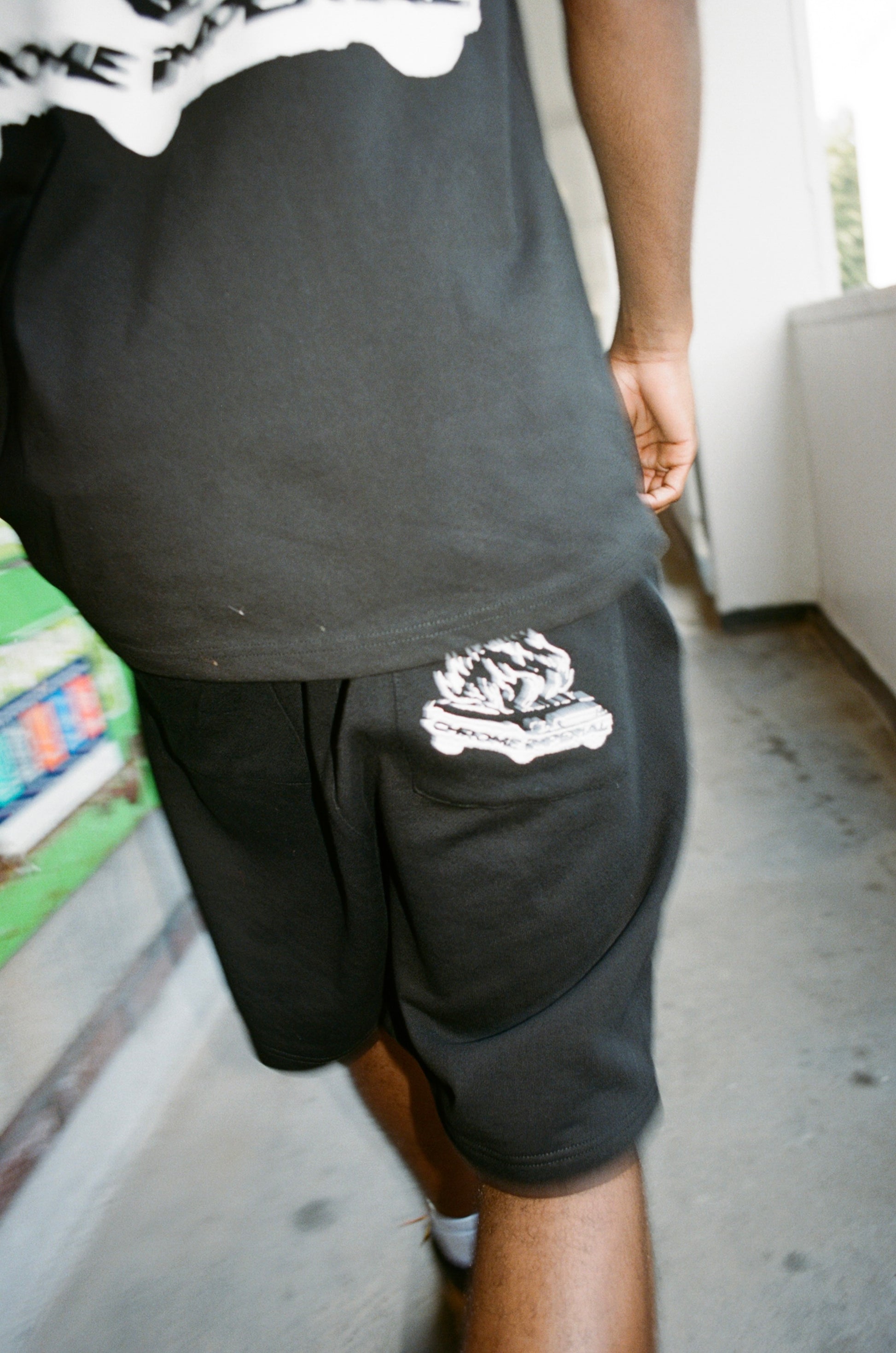 Onyx Burnout Shorts — black French terry cotton shorts, Chrome Imperial