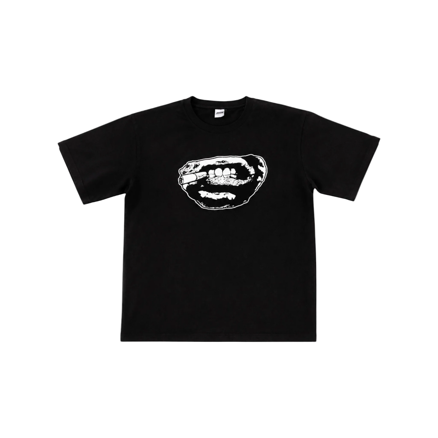A black short-sleeve crewneck t-shirt featuring a white graphic print of a mouth with teeth on the chest, displayed flat against a white background.