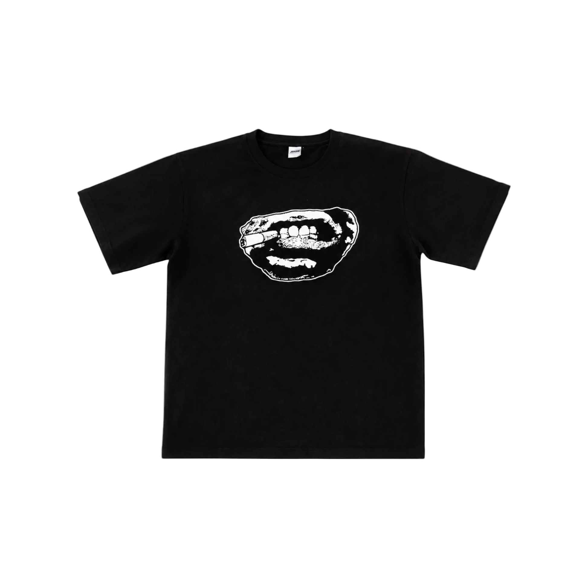A black short-sleeve crewneck t-shirt featuring a white graphic print of a mouth with teeth on the chest, displayed flat against a white background.