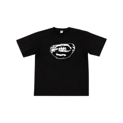 A black short-sleeve crewneck t-shirt featuring a white graphic print of a mouth with teeth on the chest, displayed flat against a white background.