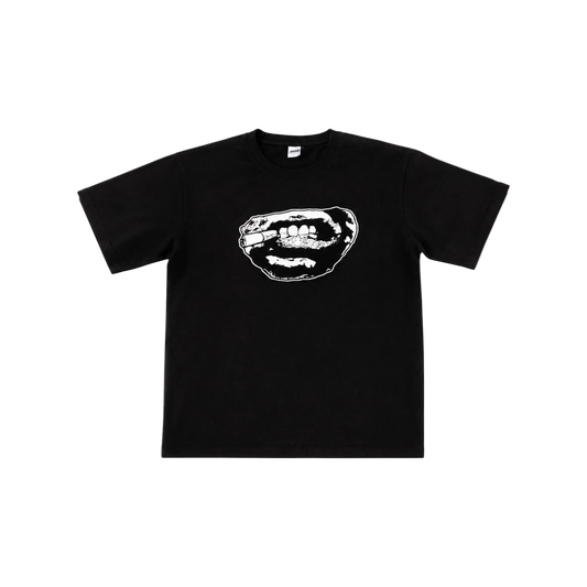 A black short-sleeve crewneck t-shirt featuring a white graphic print of a mouth with teeth on the chest, displayed flat against a white background.